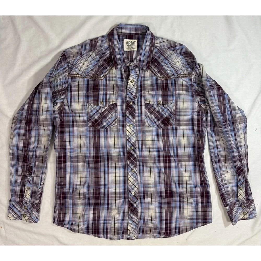 Ariat Retro Fit Pearl Snap Button Mens XL Purple Black Plaid Short Sleeve‎